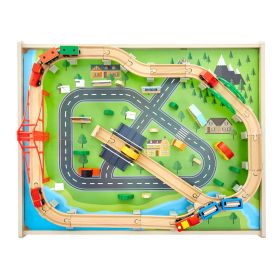 Train Table, 100 Multicolor Pieces Wooden Kids Activity Table with Rolling Storage Drawer, 3-in-1 Wooden Train Set for Gaming, Drawing, Reading