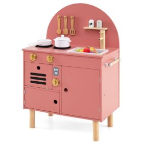 Pink Wooden Kids Play Kitchen with Interactive Stove & Sink, ASTM/CPSIA Compliant Pretend Cooking Set for Ages 3+