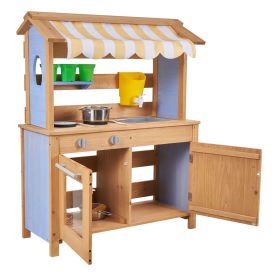 Mud Kitchen, Outdoor Mud Kitchen for Kids, Wood Outdoor Play Kitchens with Spoons, Sink, Tank, Sunshade Canopy, Shovels, Cookware Pots and Access