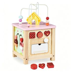 Wooden Activity Cube for Toddlers, Multi-Side Play Center with Pretend Kitchen & Storage Compartment, Montessori Educational Toy for 18+ Months