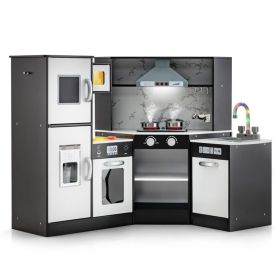 Interactive Kids Play Kitchen with Ice Maker & Chalkboard, Corner Design Pretend Cooking Set with Realistic Sound Effects-Coffee