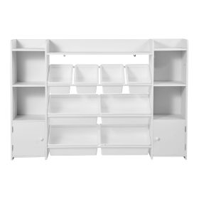 Kids Toy Storage and Bookshelf, 4-Tier Large Toy Storage Organizer with 8 Flexible Plastic Bins, Kids Cubby Cabinet with Bookshelf for Study Room
