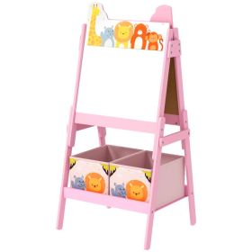 Doubel-Sided Easel for Kids w/ Whiteboard, Chalkboard, Storage Boxes, Blue (Option: Pink-425x120x705 mm)