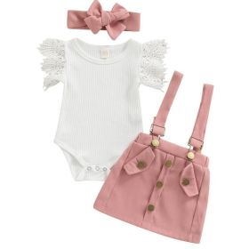 3Pcs Infant Baby Girl Outfits,Summer Clothes Sets Ruffle Ribbed Romper (Option: Pink-100)