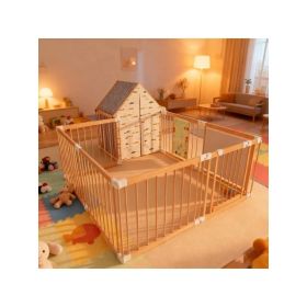 Natural Wood Baby Playpen 10 Panel Foldable Play Yard With Door Panel And Built-in Toys Easy To Assemble Foldable Assembled Into Various Shapes I (Option: asshows)