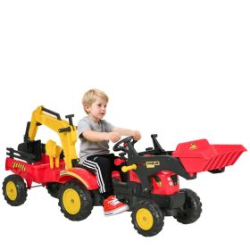 3 in1 Kids Ride On Excavator/Bulldozer, Pedal Car Digger Toy Move Forward/Back with 6 Wheels and Detachable Cargo Trailer (Option: Red-1000x420x370 mm)