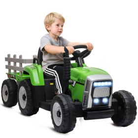 12V Ride on Tractor with Trailer, 25W Dual Motors, Battery Powered Electric Tractor with Remote Control, Music Startup Sound and Horn, LED Lights (Option: Green-840x500x400 mm)