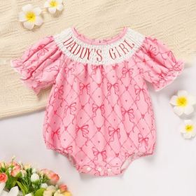 Baby Girl's Bowknot Graphic Print Romper, Daddy's Girl Letter Print Triangle Jumpsuit With Bubble Sleeves (Option: DADDYS GIRL-0to3 Months)