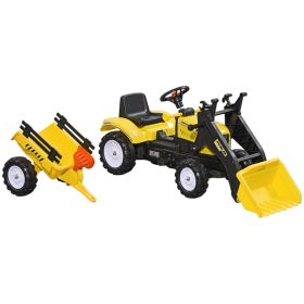 Ride-On Kids Bulldozer/Excavator Toy with Real Working Dirt Bucket, Easy Pedal Controls, 6 Wheels, & Cargo Trailer (Option: Yellow-810x420x360 mm)