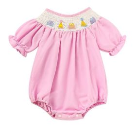 Infant Girls' Cute Birthday Smocked Bubble Romper Short Sleeves Crew Neck Cartoon Embroidery Princess Party Romper Bodysuit (Option: Pink-3to6 Months)