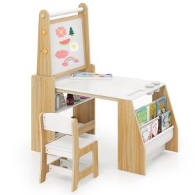 Kids Art Table and Chair Set with Easel and Chair for Drawing Reading (Color: Natural, Select: with Easel and Chair)