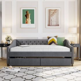 Upholstered daybed with Two Drawers;  Wood Slat Support;  Gray;  Full Size (Color: gray)