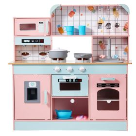 Play Kitchen for Kids, Wooden Toy Kitchen Set with Lights and Sounds, Toddler Kitchen with Ice Maker, Oven, Sink, Microwaves (Color: Light Pink, Product Type: Integrated)