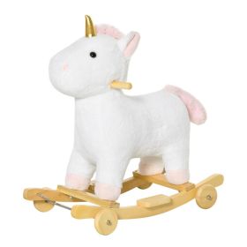 2 in 1 Kids Rocking Horse, Rolling Unicorn with Sound, Wooden Base, Pedal, Grip Handle, for 3-6 Years Old, White (Option: White-640x260x460 mm)